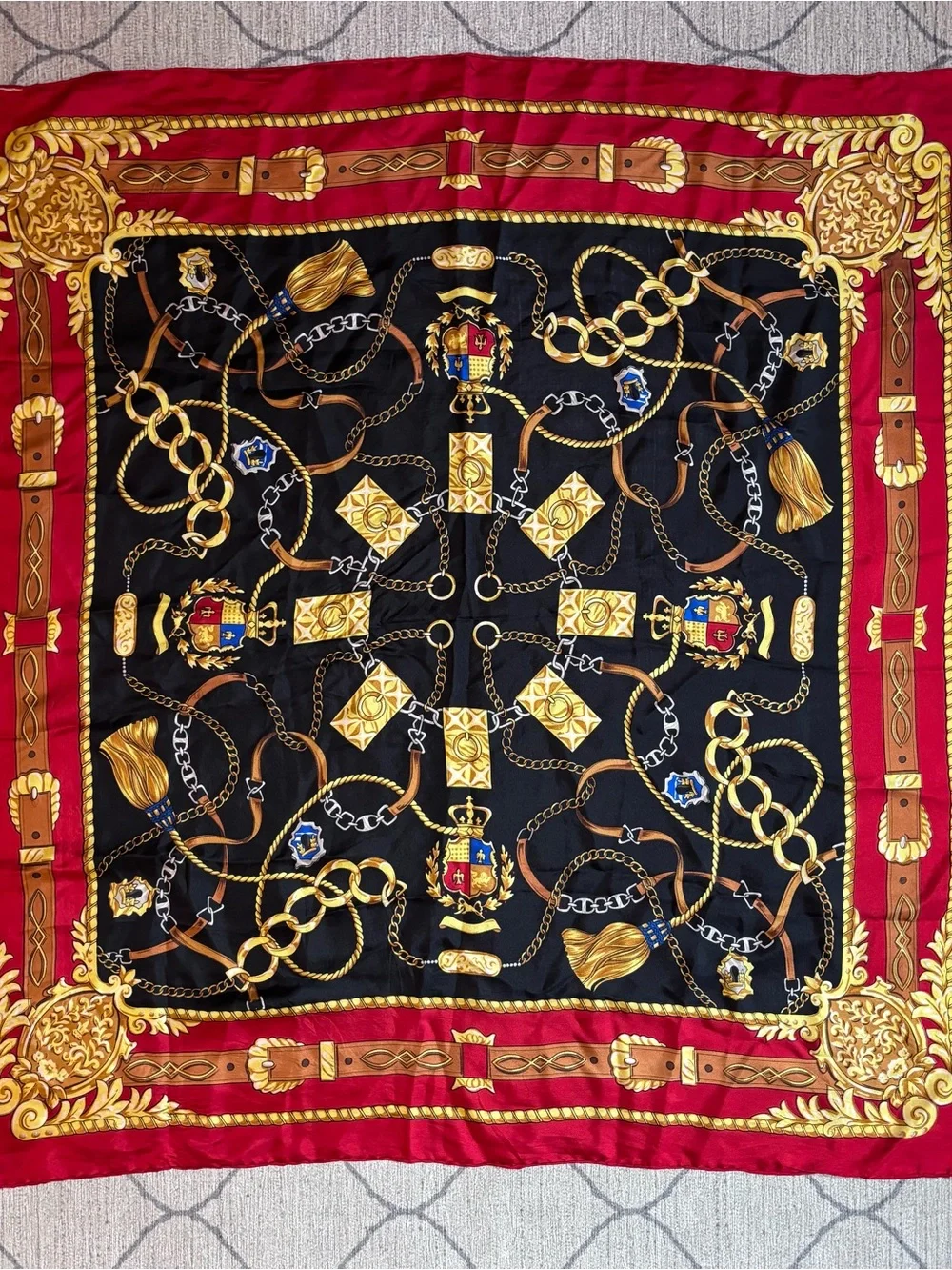 Equestrian Baroque Chain & Belt Silk Scarf — Red, Black, Gold